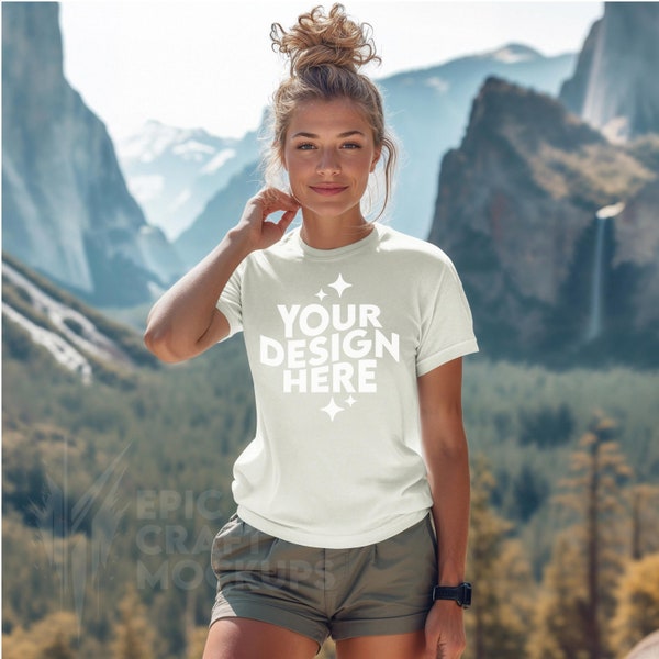 Citron Bella Canvas 3001 Mockup Hiking Outdoor Nature Woman Tshirt, POD BC 3001 Front Mock Up Women Model, Print On Demand