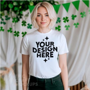 T-shirt bianca Saint Patricks Day frontale Gildan 5000 Mockup per giovane donna irlandese, St Patrick POD G5000 Shirt Mock Up Tee Stampa su richiesta