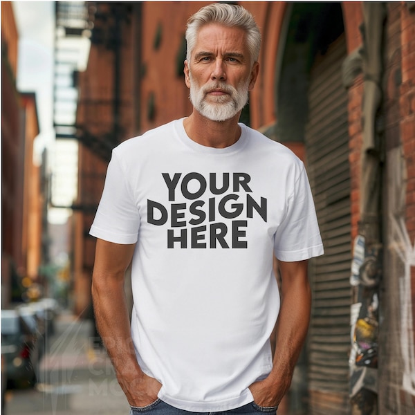 White Senior Old Man Comfort Colors 1717 Mockup T-shirt Men, POD CC1717 Mock Up Oversized Shirt Grandpa Urban Casual Mock-Up
