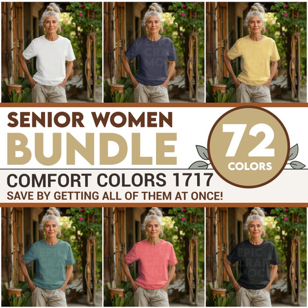 Senior Old Women Comfort Colors 1717 Mockup Tshirt Bundle, POD Garden Cottage CC1717 Shirt Bundle Model Casual Mocks Summer Grandma Mock Ups
