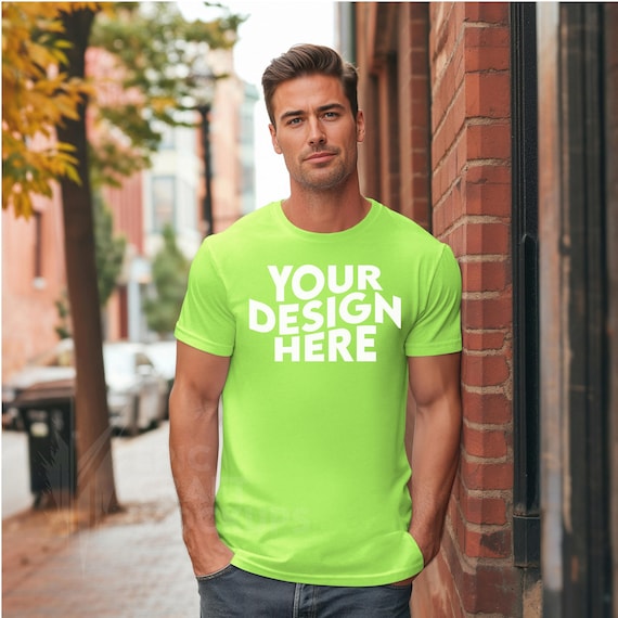 EpicCraftMockups Neon Green Gildan 5000 Mockup Tshirt Men G5000 Pod Urban Street Style Shirt Summer Tee male Model Mock Up Print On Demand