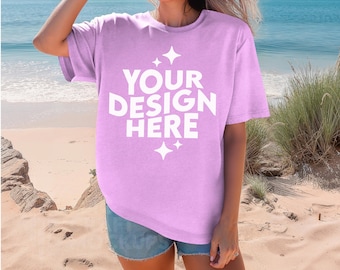Neon Violet Comfort Colors 1717 Mockup Summer Beach Woman Oversized Tshirt, POD Comfort Colors Mock Up T-Shirt CC1717 Print On Demand