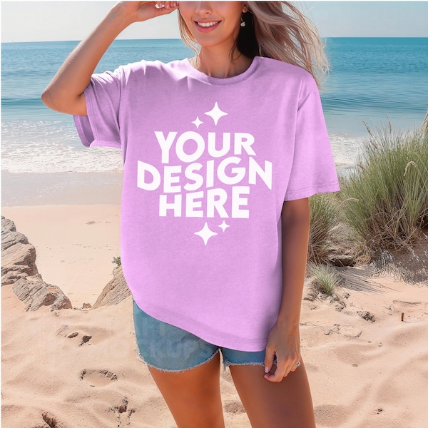 Neon Violet Comfort Colors 1717 Mockup Summer Beach Woman Oversized Tshirt, POD Comfort Colors Mock Up T-Shirt CC1717 Print On Demand