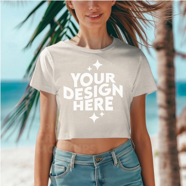 Heather Dust Bella Canvas 8882 Mockup Flowy Crop Top T-Shirt, Summer Beach POD Tshirt Model Mock Up, BC 8882 Print On Demand Trendy