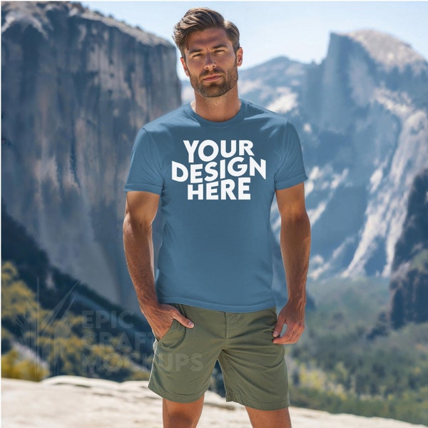 Indigo Blue Gildan 64000 Mockup Hiking Outdoor Nature Man Tshirt, POD G64000 Front Mock Up Men Guy Model, Print On Demand Tee