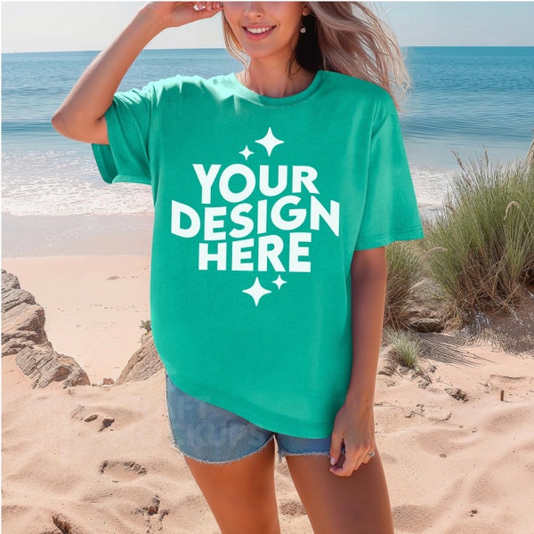 Island Green Comfort Colors 1717 Mockup Summer Beach Woman Oversized Tshirt, POD Comfort Colors Mock Up T-Shirt CC1717 Print On Demand