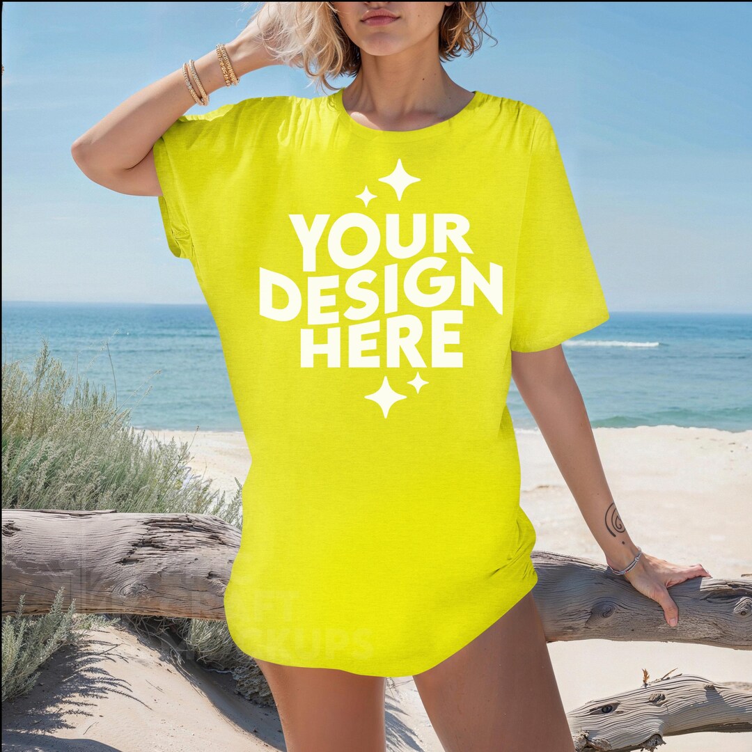 Neon Yellow Bella Canvas 3001 Mockup Woman Beach Summer, POD BC 3001 ...