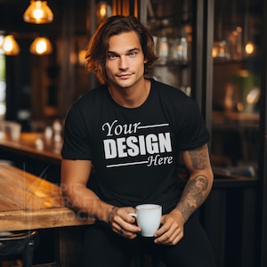 Gildan 64000 Mockup Man Model Black Tshirt Mockup, Indoor Coffee Shop, Men T-shirt Mockup Casual Wear Mockup, Trendy Mockup Fashion Mockup