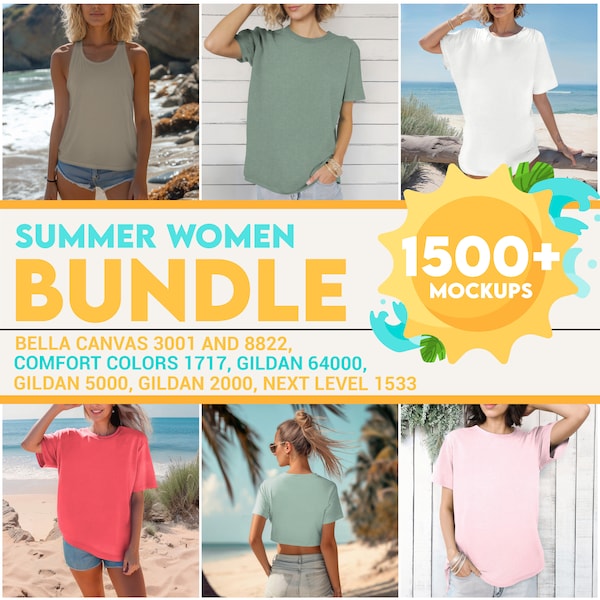 SUMMER Mega Mockup Bundle Women Tshirt Bella Canvas 3001, Next Level 1533 Tank Top Mock Up Bundle Comfort Colors Beach Sunny Model Gildan