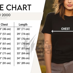 Gildan 2000 Size Chart Woman Lifestyle Black, Gildan 2000 T-Shirt Size Chart Mockup, Unisex Cotton Tee Size Chart, Tshirt Gildan Size Chart