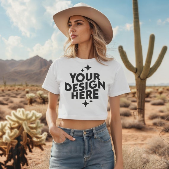 WHITE Bella Canvas 8882 Mockup Women Flowy Cropped Tee Tshirt, Summer  Desert POD T-Shirt Model Mock Up, BC 8882 Print On Demand Trendy