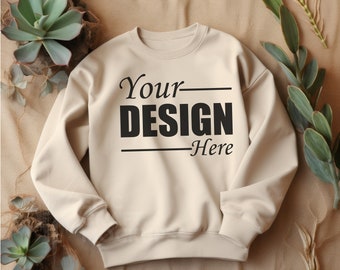 Gildan 18000 Mockup Flat Lay Sand Gildan Sweatshirt Mockup, Casual Wear Mockup Cozy Fall Sweater Mock, Oversized 18000 Mock Studio Shot