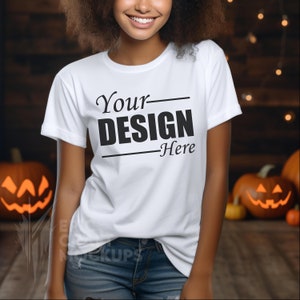 Gildan 2000 Mockup Black Woman Wearing White Tshirt Mock Fall Autumn Halloween Pumpkins, Indoor Fashion Mockup Styled Shirt Mockup