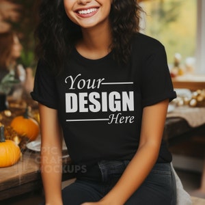 Woman Black Bella Canvas 3001 Mockup Tshirt Halloween Fall Autumn, T-Shirt Mockup Indoor Dinner Women T-shirt Mockup, Casual Wear Mockup