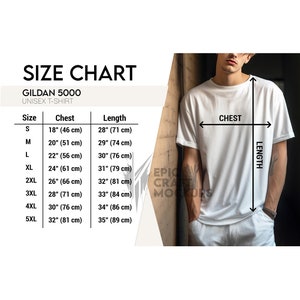 Gildan 5000 Size Chart Man Lifestyle White, Gildan 5000 T-Shirt Size Chart Mockup, Unisex Cotton Tee Size Chart, Tshirt Gildan Size Chart