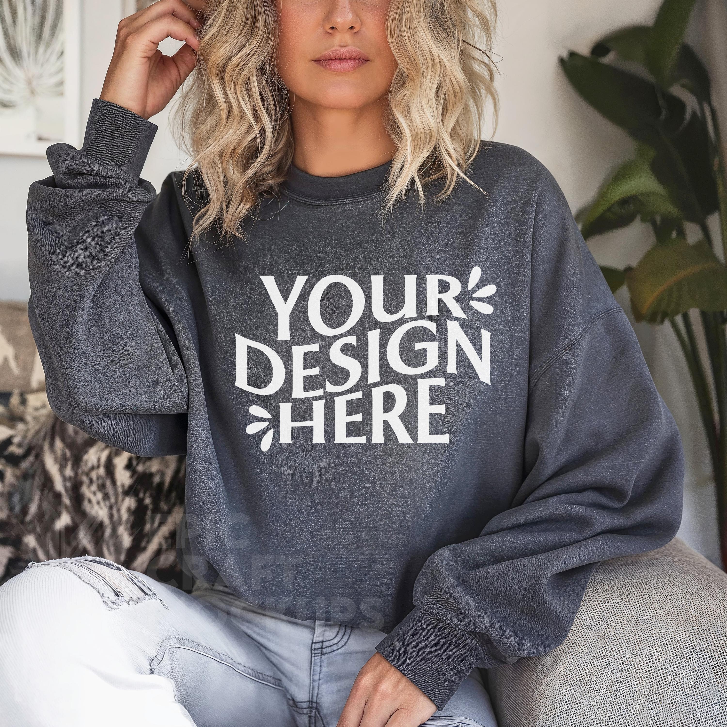 Gildan 18000 Mockup Woman Dark Heather Sweatshirt, Chic Apparel Mockup Trendy Fashion Model, Casual Studio Shot Mockup Print On Demand POD