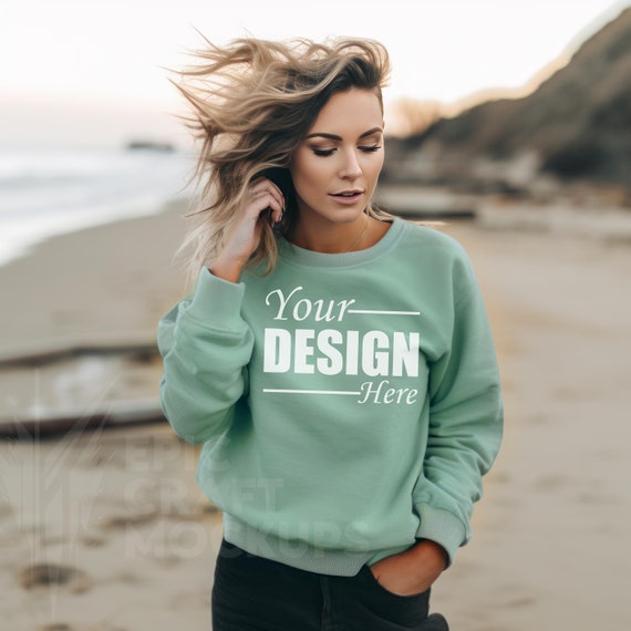 Comfort Colors 1566 Mockup Seafoam Young Woman, Sweatshirt Fashion Mock Oversized Crewneck Trend, Cozy Apparel Style Urban Casual Trendy