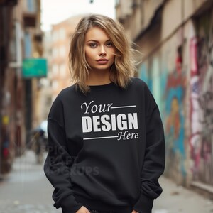 Gildan 18000 Mockup Black Blonde Female Gildan Sweatshirt Mockup Outdoors Street Graffiti, Fashion Mockup Woman Sweatshirt Crewneck Mockup