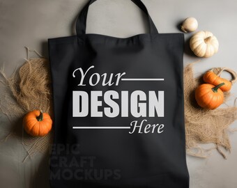 Einkaufstasche Mockup Schwarz Canvas Halloween, Einkaufstasche Mock-up Herbst Einkaufstasche Mockup Herbst, Kürbis Einkaufstasche Mock Ups Canvas Tasche Halloween