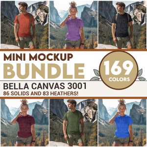 May include: A mockup bundle of 169 Bella Canvas 3001 t-shirts in various colors. The bundle includes 86 solid colors and 83 heather colors. The t-shirts are shown on models in a variety of poses and settings.