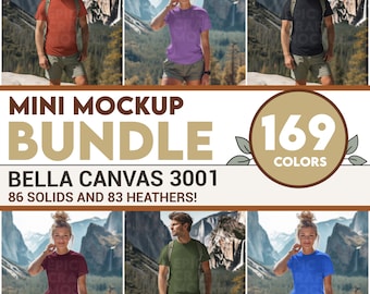 Pacchetto mockup Bella Canvas 3001 per escursionismo naturalistico, donna e uomo, pacchetto mockup di magliette, mockup di lifestyle per attività all'aperto, mockup di zaino in spalla femminile nella foresta