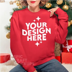 Red Mockup Sweatshirt Oversized Christmas Gildan 18000 Mockup Woman, POD Holidays Mock Up Sweater G18000 Print On Demand Xmas