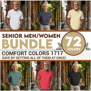 Könnte beinhalten: Ein Bundle mit 72 T-Shirt-Mockups mit Seniorenmodellen in verschiedenen Farben. Der Text "Senior Men/Women Bundle" und "Comfort Colors 1717" ist auf dem Bild zu sehen. Der Text "72 Colors" ist in einem Kreis dargestellt.