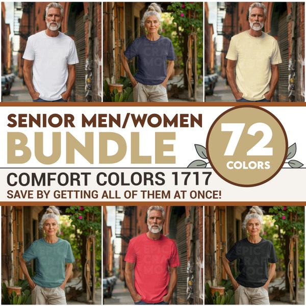 Bundle Senior Old Men and Women Comfort Colors 1717 Mockup Bundle Tshirt, POD Grandma Grandpa Shirt Mockup Summer, Female Male Model Mock Up