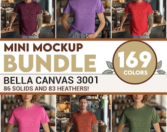 Coffeeshop indoor Bella Canvas 3001 mockupbundel dames en heren, mockupbundel T-shirt Vrijetijdskleding mock-up lifestyle, model stedelijke stijl