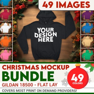May include: A black hooded sweatshirt mockup with the text "YOUR DESIGN HERE" on the front. The sweatshirt is laid flat on a wooden surface with Christmas decorations. The image is part of a bundle of 49 images in various colors.