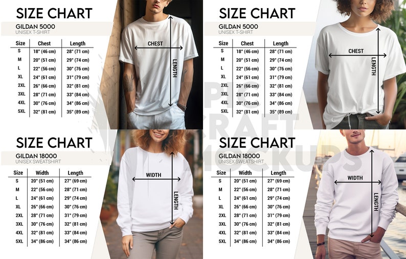 Mockup Size Chart Bundle Woman and Man Lifestyle White, Bella Canvas 3001 Size Chart Gildan, Comfort Colors Size Chart, Tshirt Sizing Chart image 4