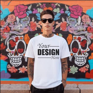 Bella Canvas 3001 Mockup Dia de los Muertos Man White Tshirt, Halloween Fall Tshirt Mockup All Souls Day, Mockup Men T-shirt Day of the Dead