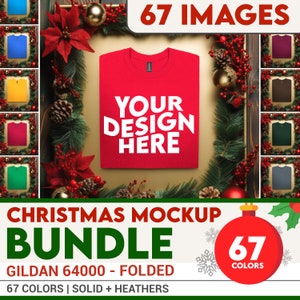 Gildan 64000 Christmas Mockup Bundle Folded | Gildan 64000 Folded Tshirt Mockup Bundle, Styled Flat Lay G64000 Tshirt Mock Up POD Holidays