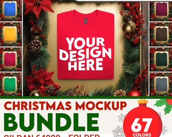 Gildan 64000 kerstmodelbundel gevouwen | Gildan 64000 mockup-bundel gevouwen tshirt, plat gestileerd G64000-t-shirt mock-up POD Holidays