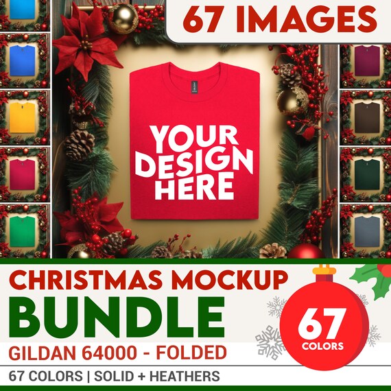 Gildan 64000 Christmas Mockup Bundle Folded | Gildan 64000 Folded Tshirt Mockup Bundle, Styled Flat Lay G64000 Tshirt Mock Up POD Holidays