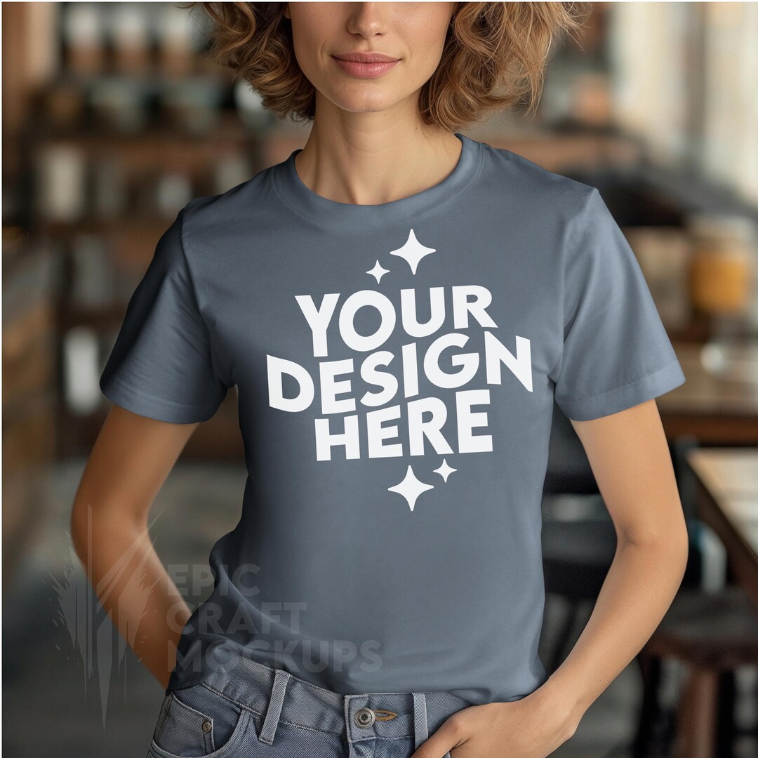 Steel Blue Bella Canvas 3001 Mockup Tshirt Woman Indoors Coffee Shop