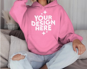 Azalea Gildan 18500 Mockup Woman Hoodie Oversized, POD G18500 Boho Style Mock Up Fashion Studio Print On Demand Model Young Lady