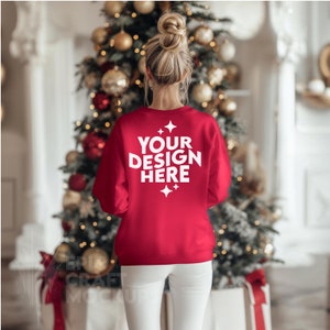 Cherry Red Back Gildan 18000 Mockup Christmas Woman Sweatshirt Oversized, POD Holidays Mock Up Sweater G18000 Print On Demand Xmas Winter