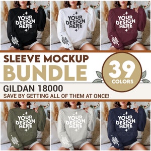 May include: A mockup of a Gildan 18000 sweatshirt in 39 colours. The sweatshirt is shown in a variety of colours, including black, white, red, green, and blue. The text "Your Design Here" is printed on the front of the sweatshirt. The text "Sleeve Mockup Bundle" is printed at the top of the image. The text "39 Colours" is printed in a circle at the bottom of the image.