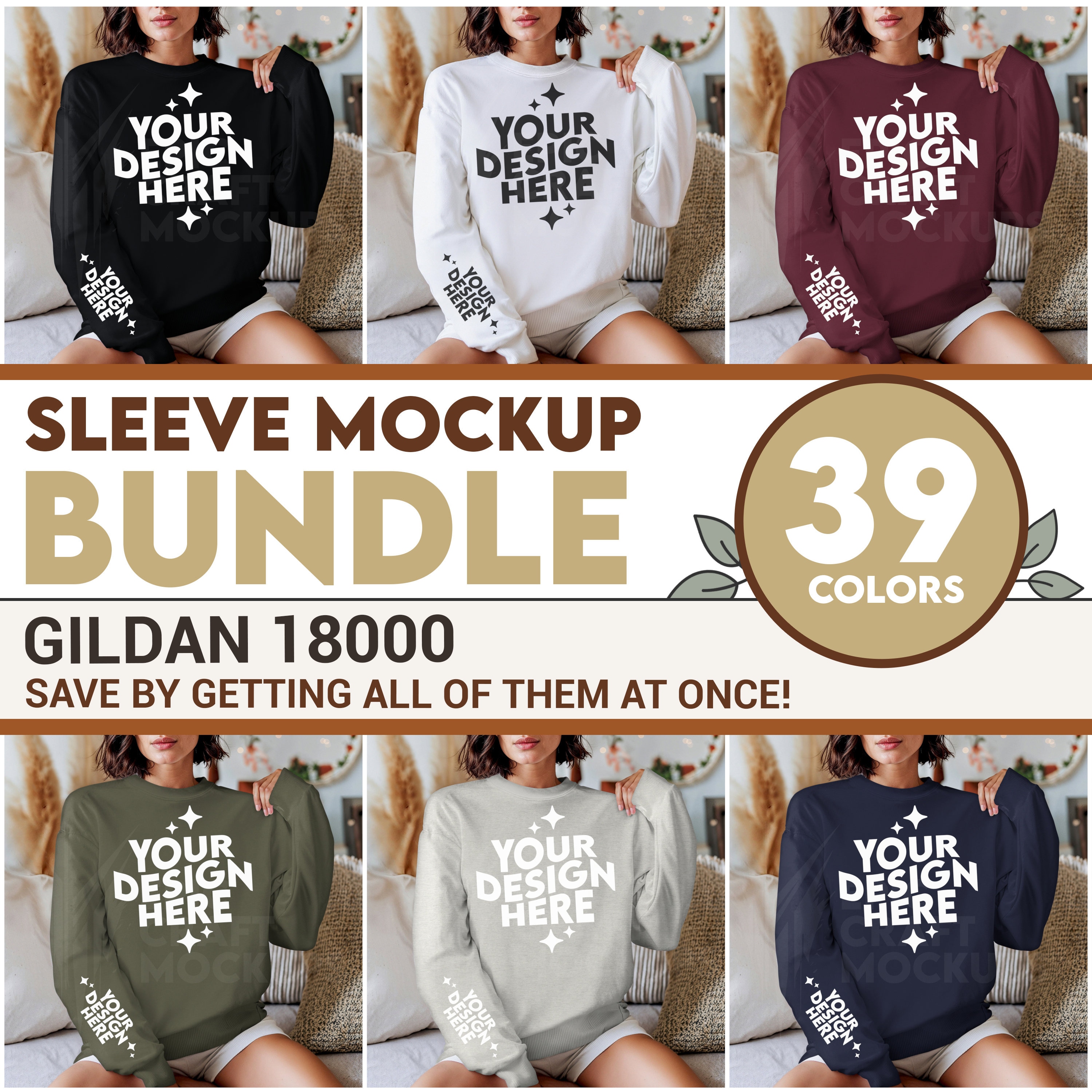Sleeve Bundle Gildan 18000 Mockup Woman Sweatshirt Crewneck Oversized, POD Brunette Style Mock Up Sleeve Mockup Bundle Print On Demand
