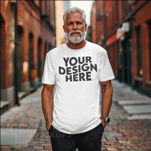Weißer alter Mann Bella Canvas 3001 Mockup Tshirt Männer Opa, BC 3001 POD Urban Style Shirt Sommer T-Shirt, männliches Modell MockUp