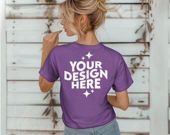 Royal Purple Back Bella Canvas 3001 Mockup Tshirt Women, POD BC 3001 Styled Boho Shirt Mockup Summer Tee, Female Model Mock Up