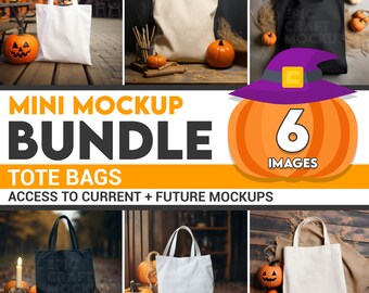 Mockup di borsa tote in tela naturale autunnale per Halloween, Mockup di borsa tote in tela, Mockup di borsa per la spesa autunnale, Borsa tote nera, Borsa bianca, Zucche