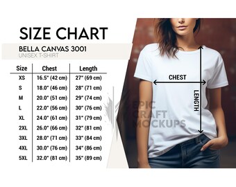 Bella Canvas 3001 Size Chart Woman Lifestyle White, Bella Canvas Size Chart, Tshirt Size Chart Measurements, 3001 Size Chart, Unisex T-Shirt