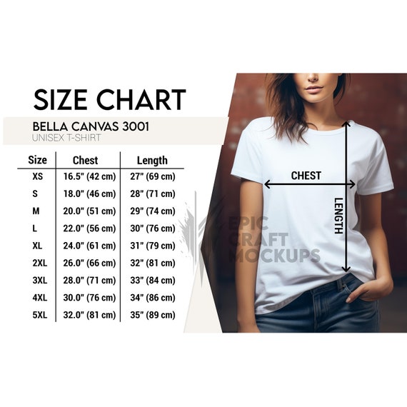 Bella Canvas 3001 Size Chart Woman Lifestyle White, Bella Canvas Size Chart, Tshirt Size Chart Measurements, 3001 Size Chart, Unisex T-Shirt