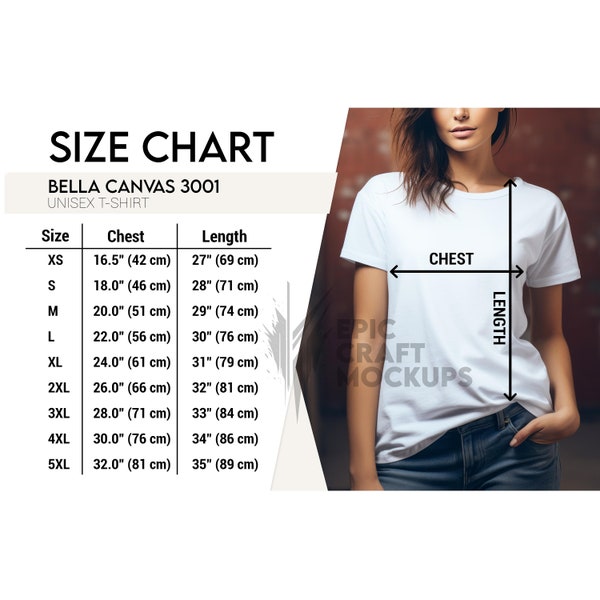 Bella Canvas 3001 Size Chart Woman Lifestyle White, Bella Canvas Size Chart, Tshirt Size Chart Measurements, 3001 Size Chart, Unisex T-Shirt
