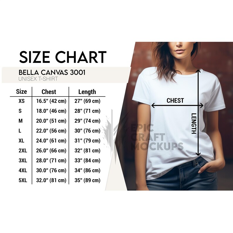 Bella Canvas 3001 Size Chart Woman Lifestyle White, Bella Canvas Size Chart, Tshirt Size Chart Measurements, 3001 Size Chart, Unisex T-Shirt image 1