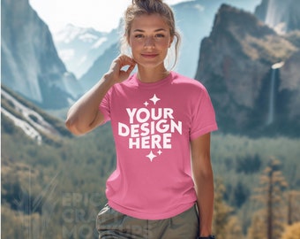 Charity Pink Bella Canvas 3001 Mockup Hiking Outdoor Nature Woman Tshirt, POD BC 3001 Front Mock Up Women Model, Print On Demand