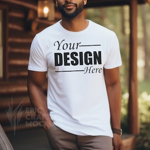 Bella Canvas 3001 Tshirt Mockup, Black Man, White Tshirt Mock, Outdoors Cabin Woods, Trendy Mockup, Casual Wear Mockup, Men T-shirt Mockup