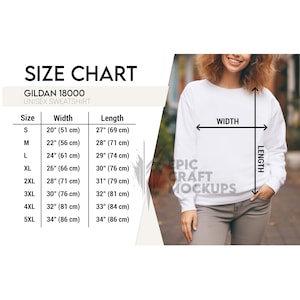 Gildan 18000 Größentabelle Frau Lifestyle Weiß, Größentabelle Gildan Unisex 18000, Sweatshirt Oversized Größentabelle, Crewneck Mockup Größentabelle